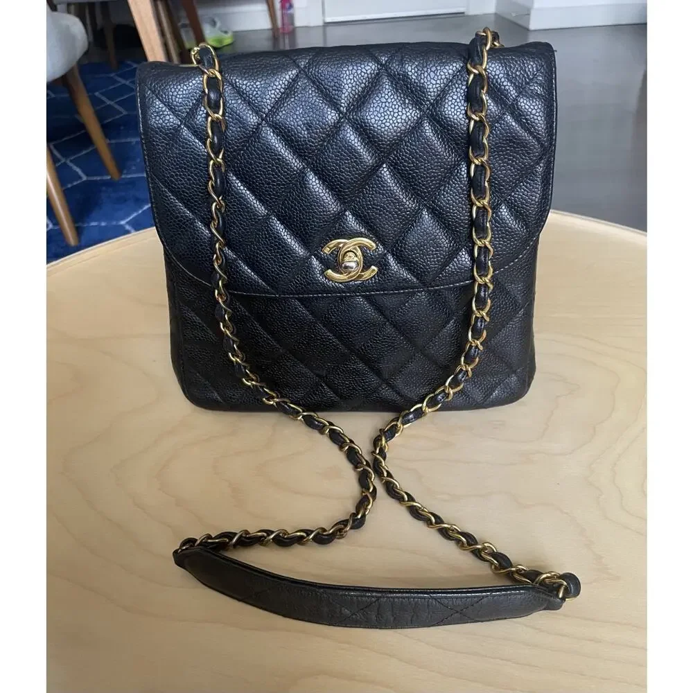 Chanel Caviar Medium Square Flap Crossbody Bag Classic Black Leather Gold CC
